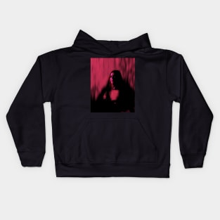 Portrait, digital collage and special processing. Man sitting. Calm but strong. Red and pink. Kids Hoodie